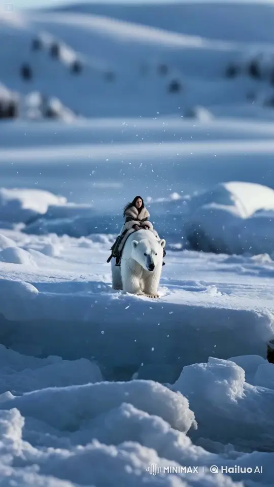 Arctic Journey: Rider and Polar Bear Traverse Snowy Landscape – AI Generated Video | Hailuo AI