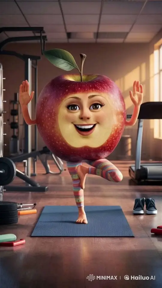Animated Apple Practicing Yoga in a Bright Gym – AI Generated Video | Hailuo AI
