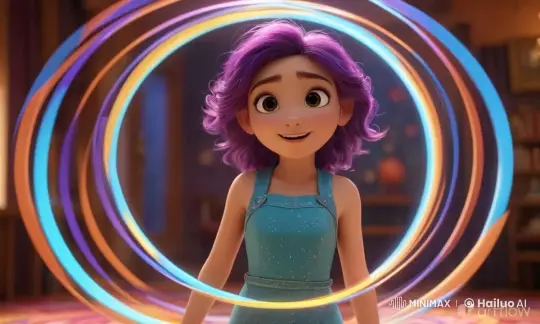 Girl with Purple Hair Enchanted by Spinning Neon Rings – AI Generated Video | Hailuo AI