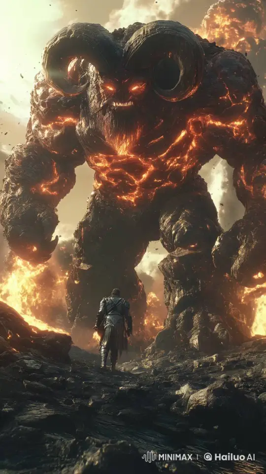 Lava Creature vs. Armored Warrior Confrontation – AI Generated Video | Hailuo AI