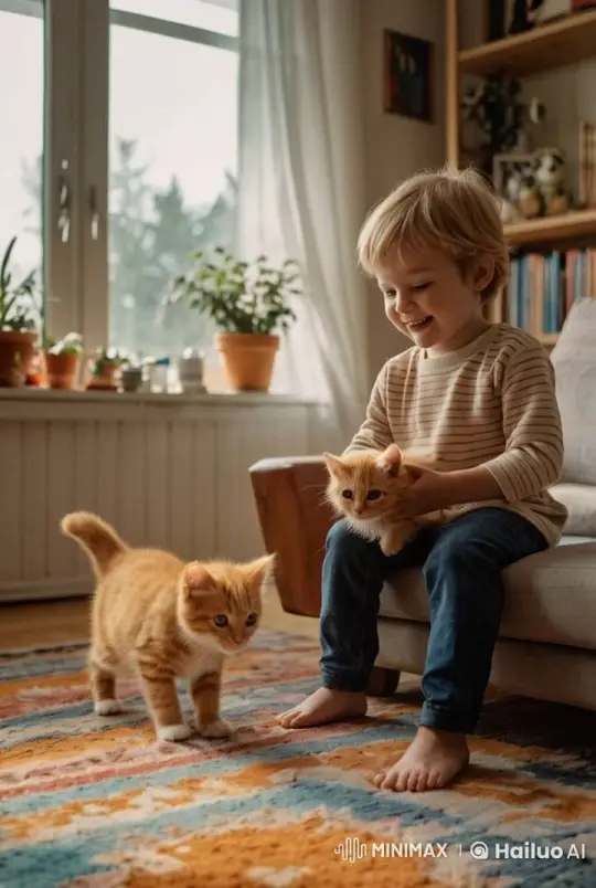 Cozy Home Scene with Child and Kittens – AI Generated Video | Hailuo AI