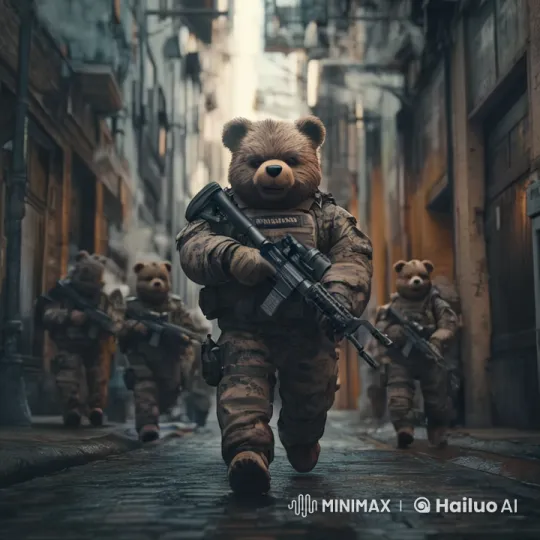 Military Teddy Bears on Patrol in Dimly Lit Street – AI Generated Video | Hailuo AI
