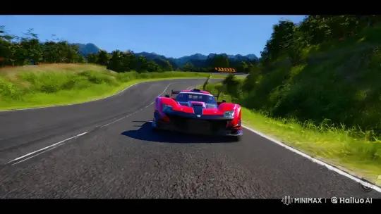 High-Style Racing Game Cinematic: Red Car on Winding Road – AI Generated Video | Hailuo AI