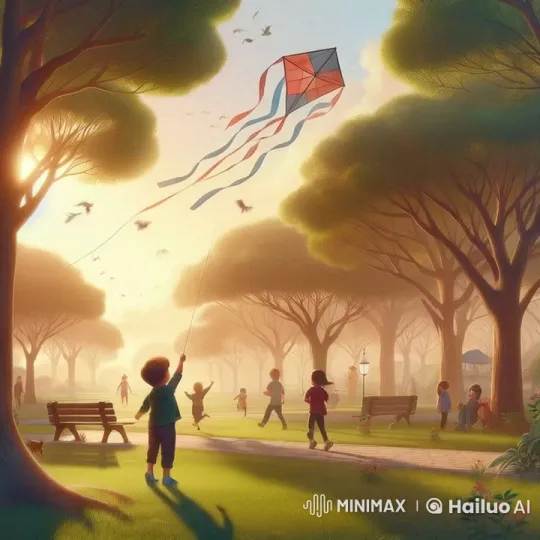 Child Flies Kite in Lively Park Scene – AI Generated Video | Hailuo AI
