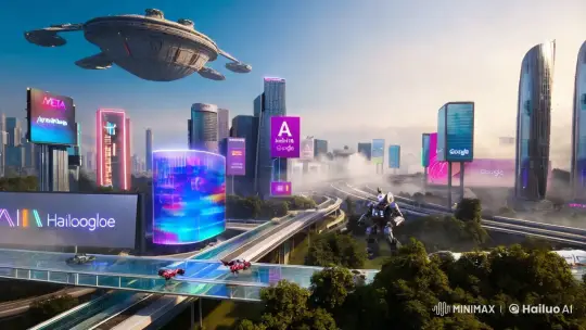 Futuristic Cityscape with Orbiting Space Station and Robotic Activity – AI Generated Video | Hailuo AI