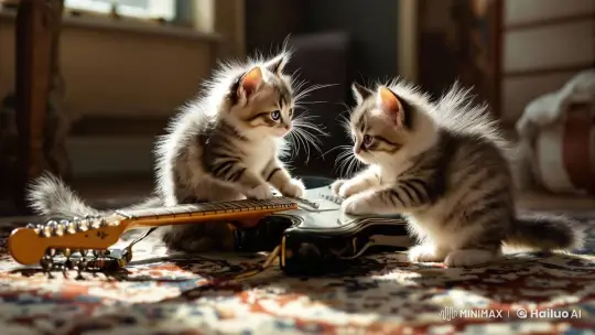 Siberian Kittens Playfully Explore a Vintage Stratocaster – AI Generated Video | Hailuo AI