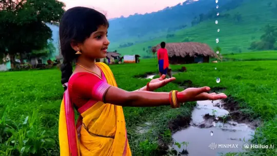 Young Girl Discovers Magical Bond with Water in Indian Village – AI Generated Video | Hailuo AI