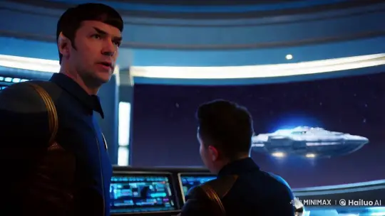 Captain Monitors Alien Spaceship Approach in Futuristic Control Room – AI Generated Video | Hailuo AI