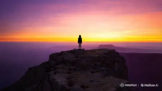 Input: A solitary figure stands at the edge of a cliff at dusk, the sky painted with hues of orange and purple. – AI Generated Video | Hailuo AI