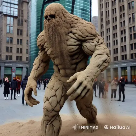 Sand Creature Explores Bustling City Square – AI Generated Video | Hailuo AI