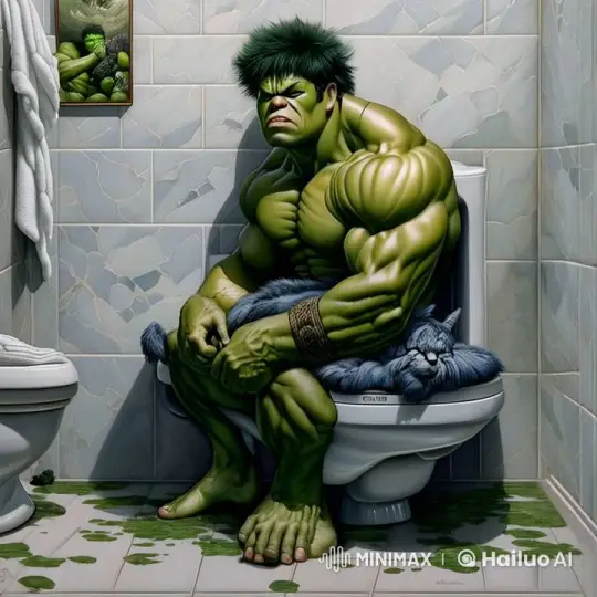 Green Figure Broods on Toilet with Cat in Animated Bathroom – AI Generated Video | Hailuo AI
