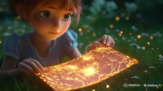 Curious Girl Explores Nighttime Map with Fireflies – AI Generated Video | Hailuo AI