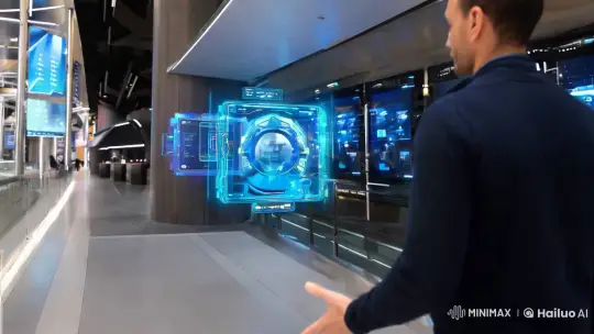 Future City: Man Walks Through Holographic Smart Environment – AI Generated Video | Hailuo AI