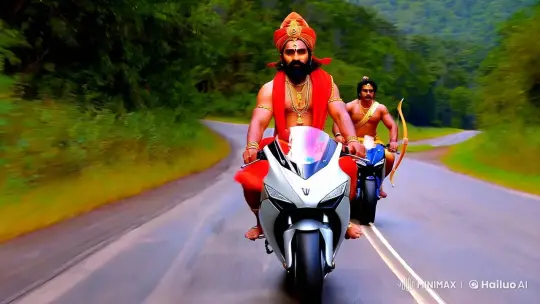 Lord Hanuman and Rama on Sports Bikes in Dynamic Chase – AI Generated Video | Hailuo AI