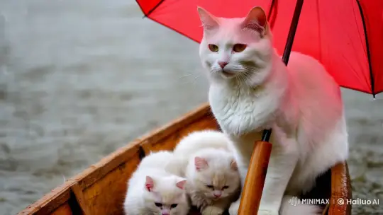 White Cat and Offspring in Rustic Boat on Tranquil River – AI Generated Video | Hailuo AI