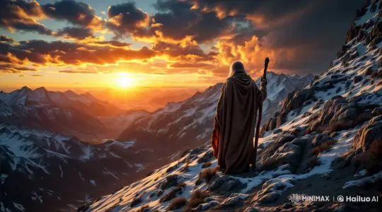 Old Man Contemplates Majestic Sunrise on Mountain – AI Generated Video | Hailuo AI