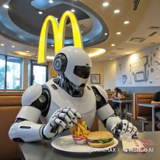 Robot Examines Fast Food in Futuristic McDonald's – AI Generated Video | Hailuo AI