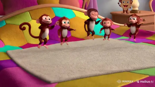 Joyful Monkeys Frolic on Vibrant 3D Pixar Bed – AI Generated Video | Hailuo AI