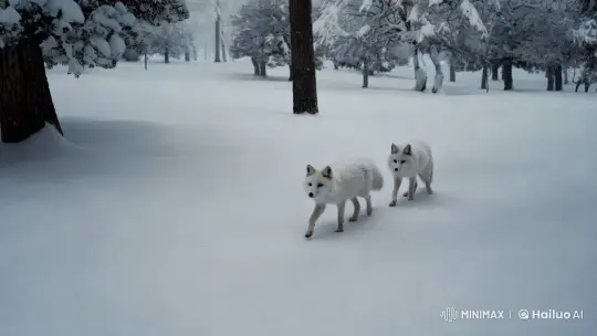 White Foxes Wander Through Serene Winter Forest – AI Generated Video | Hailuo AI