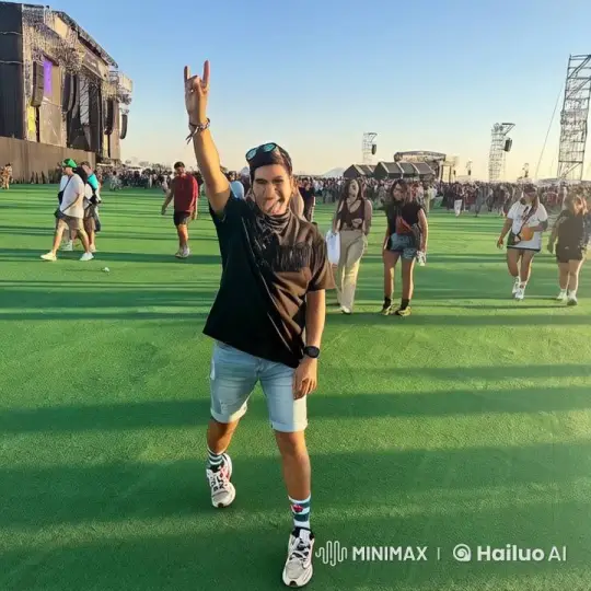 Joyful Rocker at Outdoor Concert in Lively Atmosphere – AI Generated Video | Hailuo AI