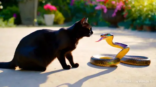 Stunning Standoff: Black Cat vs. Cobra in Sunlit Garden – AI Generated Video | Hailuo AI