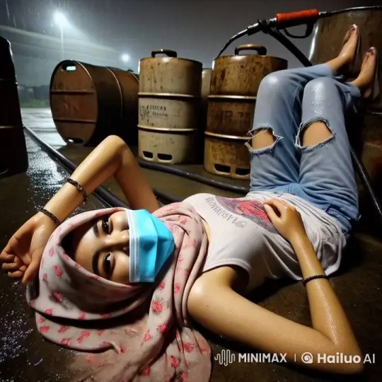 Young Woman Reflects in Rainy Industrial Setting – AI Generated Video | Hailuo AI