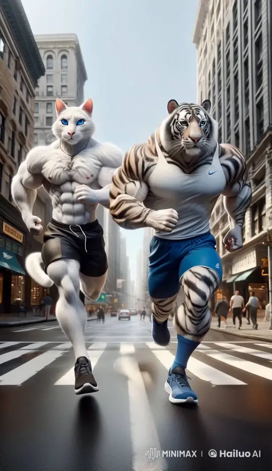 Muscular Cat and Tiger Run Through City in Synchronized Athletic Gear – AI Generated Video | Hailuo AI