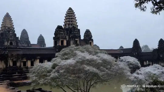 Snowfall at Angkor Wat: Majestic Temple in Winter – AI Generated Video | Hailuo AI