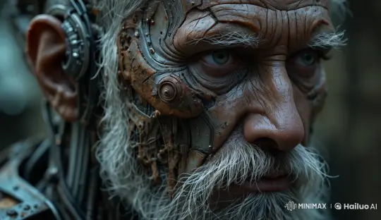Cyborg Man's Intense Gaze with Mechanical Features – AI Generated Video | Hailuo AI