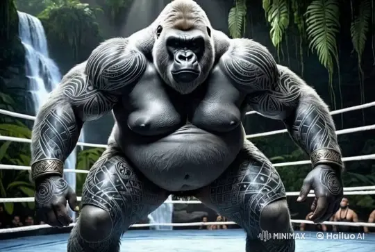 Tattooed Gorilla in Jungle Ring Stands Powerful – AI Generated Video | Hailuo AI