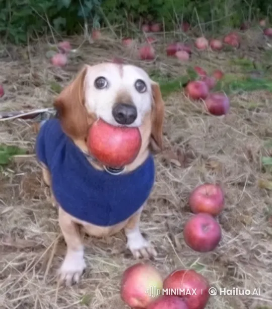 Curious Dog Stands Among Apples with Wagging Tail – AI Generated Video | Hailuo AI