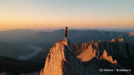 Young Woman Embraces Sunrise on Mountain Peak – AI Generated Video | Hailuo AI
