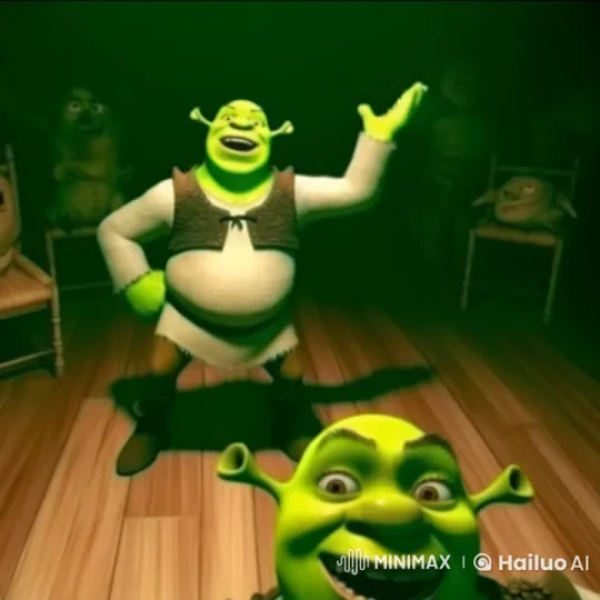 Two Shreks in a Lively, Dimly Lit Room – AI Generated Video | Hailuo AI
