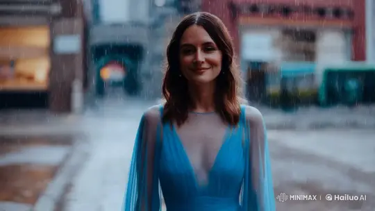 Serene Woman in Blue Dress Amidst Rainy Cityscape – AI Generated Video | Hailuo AI