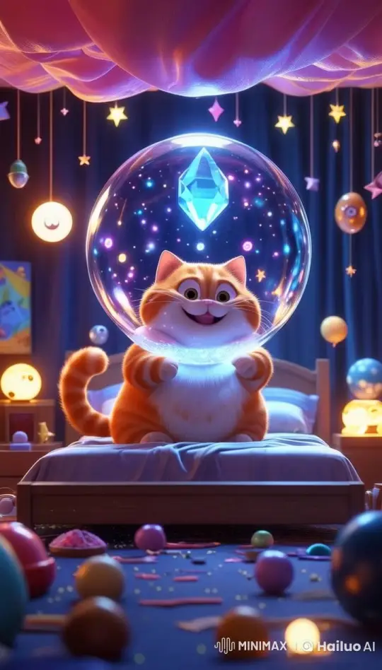 Whimsical Cat in a Starry Room with Magical Crystal – AI Generated Video | Hailuo AI