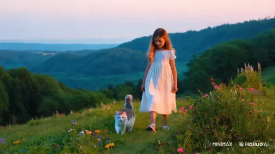 Serene Exploration: Girl and Cat in Verdant Landscape – AI Generated Video | Hailuo AI
