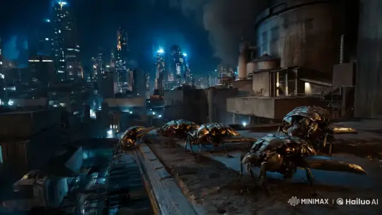 Sieged City: Cyborg Insects Invade Futuristic Urban Landscape – AI Generated Video | Hailuo AI