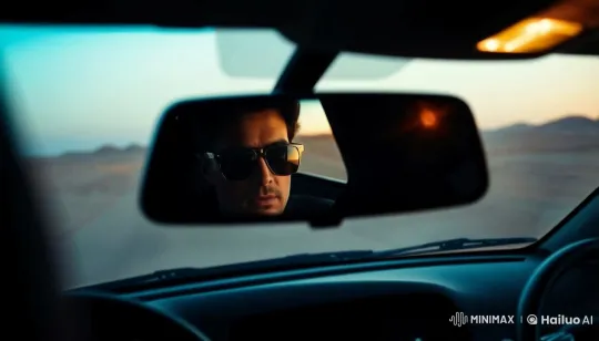 Sunset Drive: Man in Sunglasses Through Desert – AI Generated Video | Hailuo AI