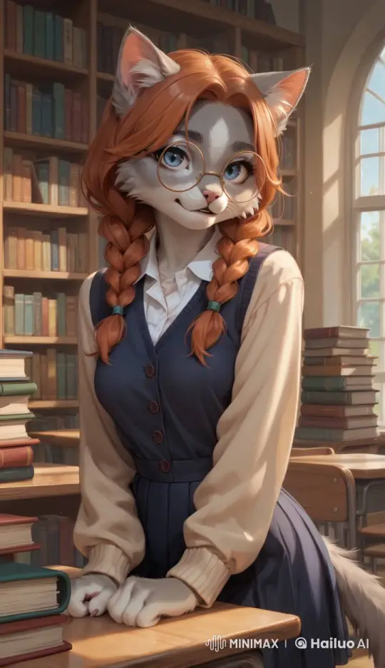 Orange-Braided Feline Character in a Cozy Library Setting – AI Generated Video | Hailuo AI