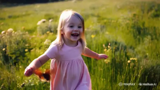 Joyful Chase: Girl and Butterfly in Sunlit Meadow – AI Generated Video | Hailuo AI