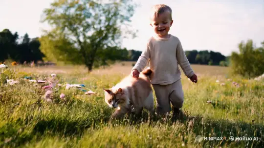 Boy and Cat in Sunlit Meadow – AI Generated Video | Hailuo AI