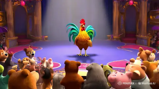 Vibrant Rooster Leads Magical Concert in Whimsical Hall – AI Generated Video | Hailuo AI