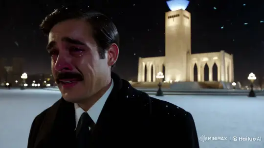 1975 Tehran: Tearful Man Amidst Snowy Azadi Square – AI Generated Video | Hailuo AI