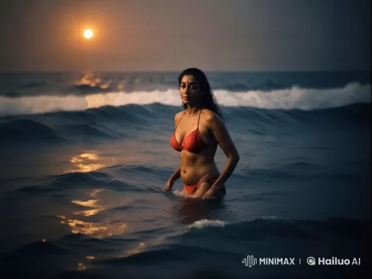 Woman in Red Bikini Walks Through Sunset Ocean Waves – AI Generated Video | Hailuo AI