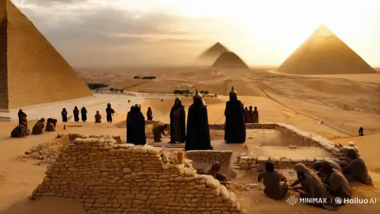 Reenactment of Great Pyramid Construction at Giza Plateau Dawn – AI Generated Video | Hailuo AI