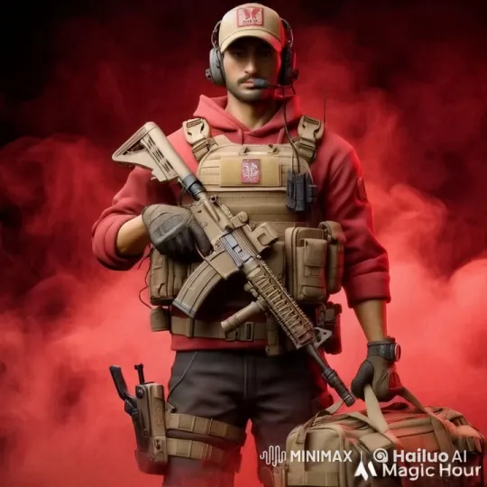 Tactical Figure Advances with Rifle in Red Mist Scene – AI Generated Video | Hailuo AI