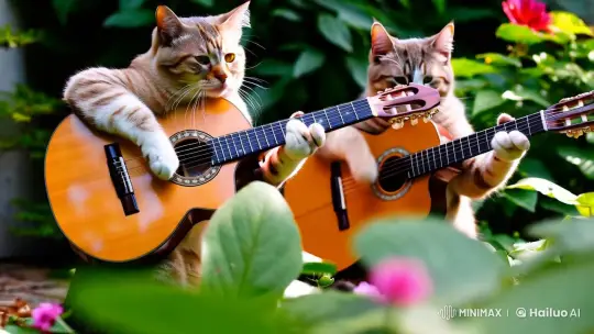 Feline Musicians Serenade in Sunlit Garden – AI Generated Video | Hailuo AI