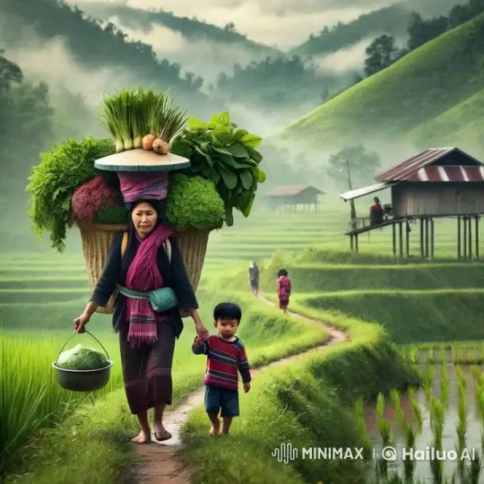 Woman and Child Walk Through Misty Rice Terraces – AI Generated Video | Hailuo AI