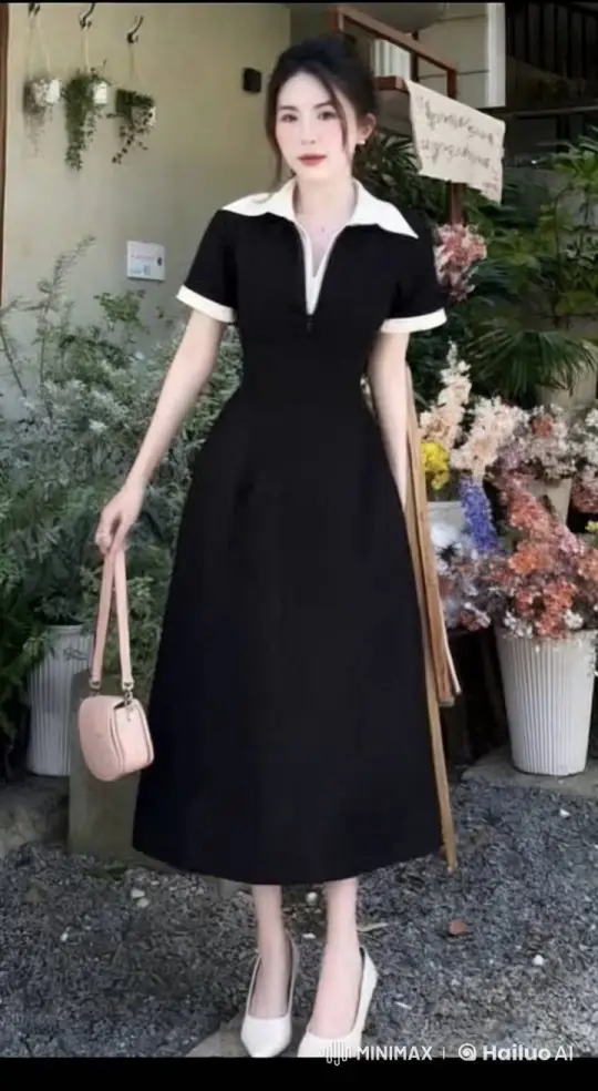 Woman in Black Dress Sways Gently Near Building Entrance – AI Generated Video | Hailuo AI