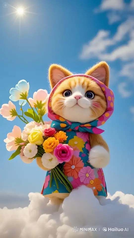 Anthropomorphic Cat in Floral Dress Sways in Sunny Landscape – AI Generated Video | Hailuo AI